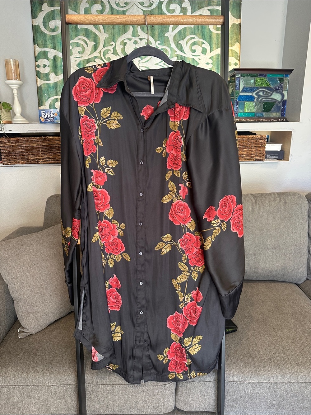 Black Button-Up Shirt-dress with Red Rose Print
